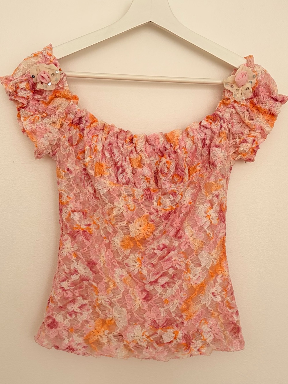 Fairycore Lace Off-Shoulder Ruffle Top in Pink and Orange